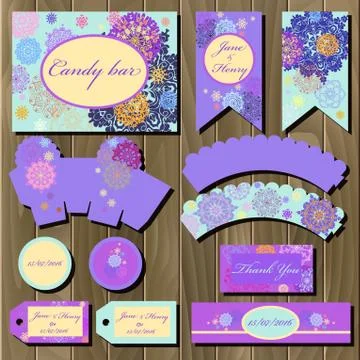 Set of printable backgrounds to wedding. Candy bar design. Stock Illustration