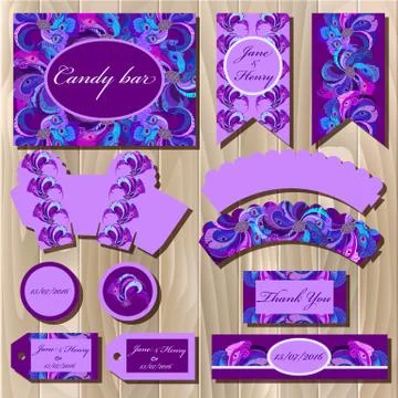 Set of printable packaging backgrounds to wedding. Candy bar design. Stock Illustration