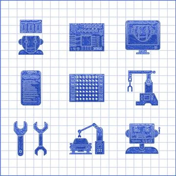 Set Printed circuit board PCB, Industrial machine robotic robot arm hand, Robot Stock Illustration