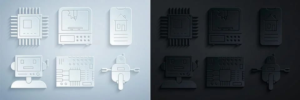 Set Printed circuit board PCB, Smart home, Robot, 3D printer and Processor with Stock Illustration