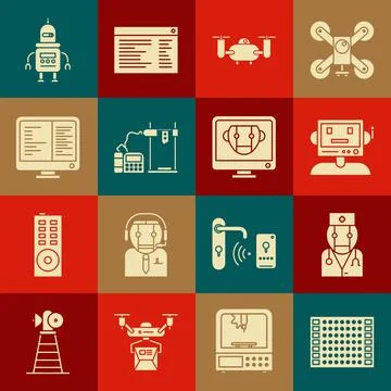 Set Printed circuit board PCB, Robot doctor, Drone flying with action camera, 3D Illustration