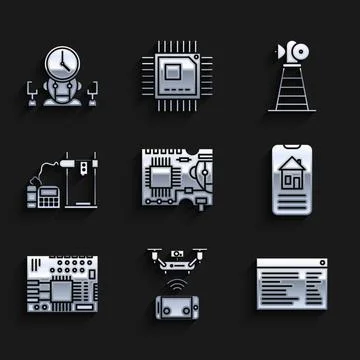 Set Printed circuit board PCB, Remote aerial drone, Software, web developer Illustrazione stock