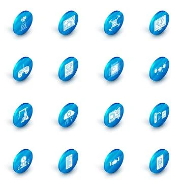 Set Printed circuit board PCB, Drone flying with action camera, Bot, Remote c Stock Illustration