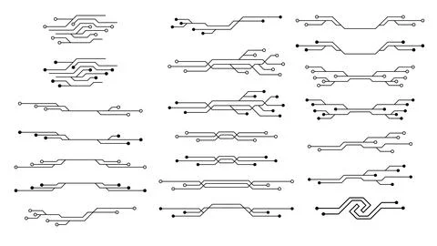 Set of printed circuit board PCB tracks silhouettes isolated on white Stock Illustration