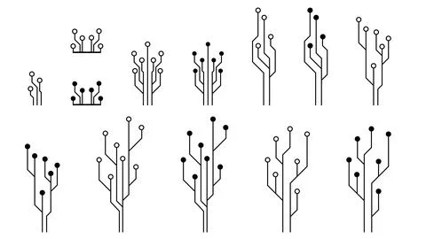 Set of printed circuit board PCB tracks silhouettes isolated on white Stock Illustration