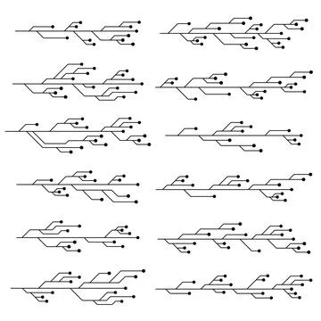 Set of printed circuit board PCB tracks silhouettes isolated on white Illustrazione stock