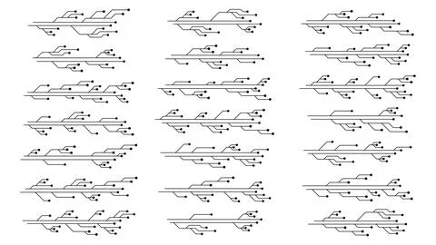 Set of printed circuit board PCB tracks silhouettes isolated on white Stock Illustration