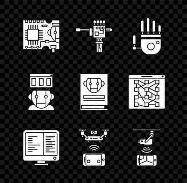 Set Printed circuit board PCB, Mechanical robot hand and screwdriver, Compu.. 库存插图