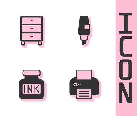 Set Printer, Archive papers drawer, Inkwell and Marker pen icon. Vector Illustrazione stock