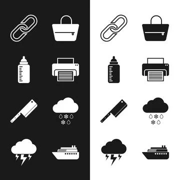 Set Printer, Baby bottle, Chain link, Handbag, Meat chopper and Cloud with .. Stock Illustration