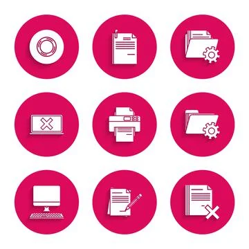 Set Printer, Blank notebook and pencil with eraser, Delete file document, Folder Illustrazione stock