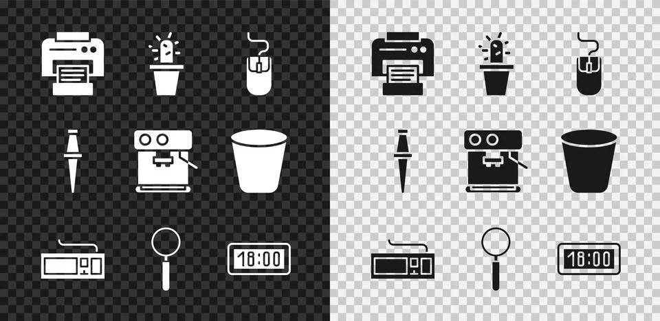 Set Printer, Cactus and succulent pot, Computer mouse, Keyboard, Magnifying Stock Illustration