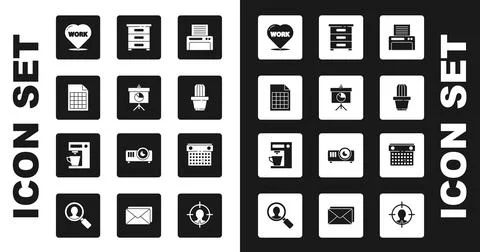 Set Printer, Chalkboard with diagram, File document, Heart text work, Cactus and Illustrazione stock