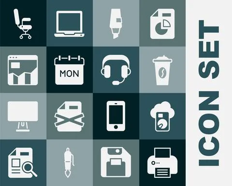 Set Printer, Cloud database, Coffee cup to go, Marker pen, Calendar, Graph chart Stock Illustration