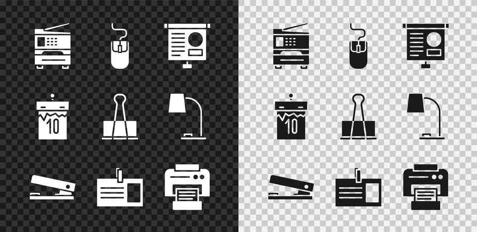 Set Printer, Computer mouse, Chalkboard with diagram, Office stapler Stock Illustration