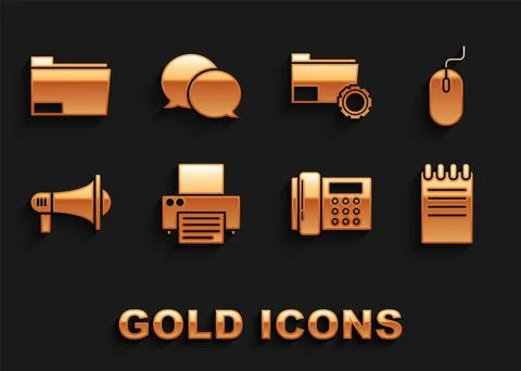 Set Printer, Computer mouse, Notebook, Telephone, Megaphone, Folder settings Stock Illustration