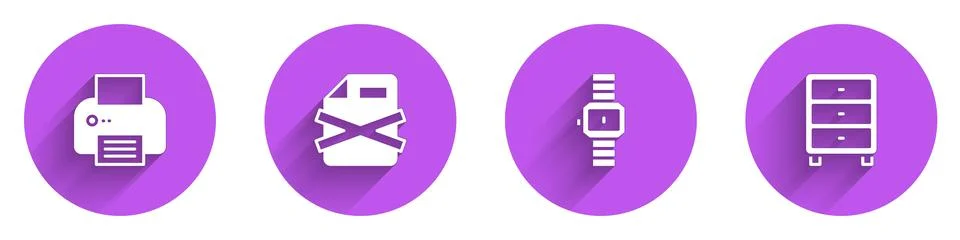Set Printer, Delete file document, Wrist watch and Archive papers drawer icon Stock Illustration