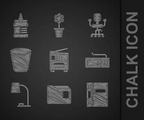 Set Printer, Document folder, Office folders, Keyboard, Table lamp, Trash can Stock-Illustration