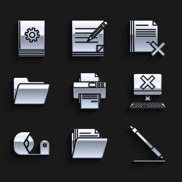 Set Printer Document folder Pen line Computer with keyboard and x mark Scotch Stock Illustration