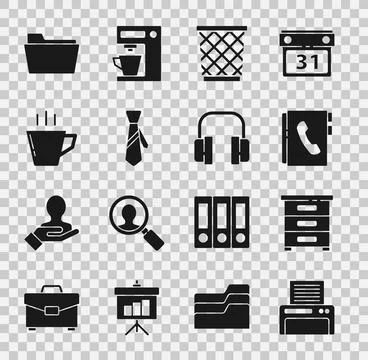 Set Printer, Drawer with documents, Address book, Trash can, Tie, Coffee cup Stock Illustration