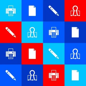 Set Printer, Empty document, Pencil with eraser and Binder clip icon. Vector Illustrazione stock