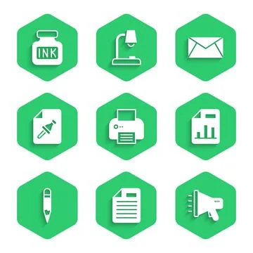 Set Printer, File document, Megaphone, Document with graph chart, Pencil, Note Stock Illustration