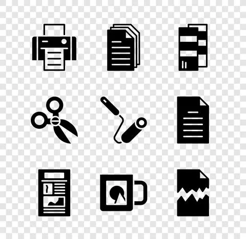 Set Printer, File document, Pantone, News, Coffee cup, Torn, Scissors and Paint Stock Illustration