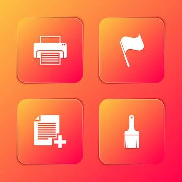 Set Printer, Flag, Add new file and Paint brush icon. Vector Stock Illustration