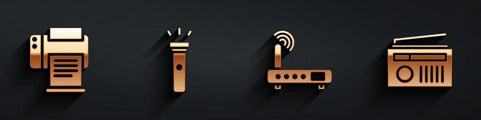 Set Printer, Flashlight, Router and wi-fi signal and Radio with antenna icon Stock Illustration