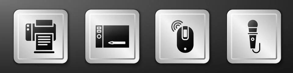 Set Printer, Graphic tablet, Wireless computer mouse and Microphone icon. Silver Stock Illustration