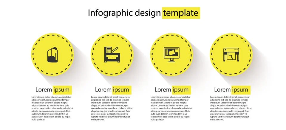 Set Printer ink bottle, Copy machine, Computer monitor screen and Plotter Stock Illustration