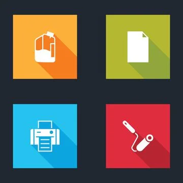 Set Printer ink bottle, Empty document, and Paint roller brush icon. Vector Stock Illustration