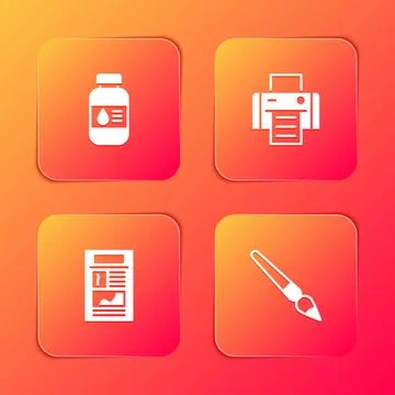 Set Printer ink bottle, , News and Paint brush icon. Vector Illustrazione stock