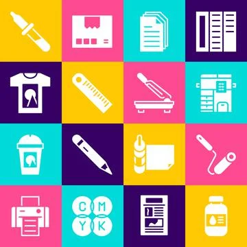 Set Printer ink bottle, Paint roller brush, Copy machine, File document, Ruler Stock Illustration