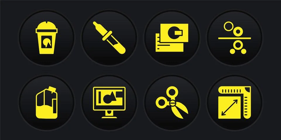 Set Printer ink bottle, Paper roll of printing press, Computer monitor screen Stock Illustration