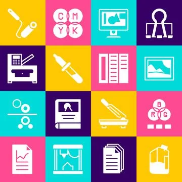 Set Printer ink bottle, RGB color mixing, Picture landscape, Computer monit.. Stock Illustration