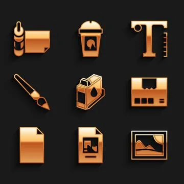 Set Printer ink cartridge, File document, Picture landscape, Carton cardboard Stock Illustration