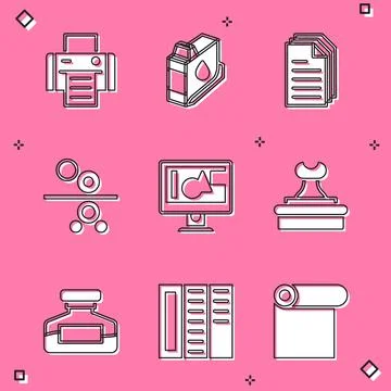 Set Printer, ink cartridge, File document, Paper roll of printing press Illustrazione stock