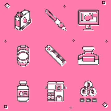 Set Printer ink cartridge, Paint brush, Computer monitor screen, bucket, Ru.. Stock Illustration