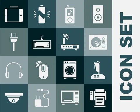 Set Printer, Joystick for arcade machine, Vinyl player, Music, Keyboard Stock Illustration