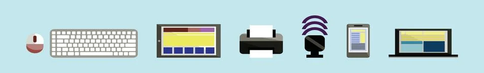 Set of printer, keyboard and technology cartoon icon design template Stock Illustration