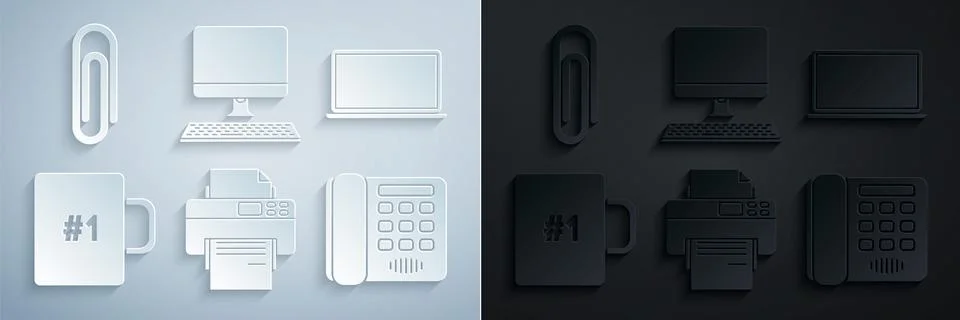 Set Printer, Laptop, Coffee cup, Telephone, Computer monitor with keyboard and Stock Illustration