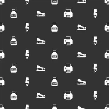 Set Printer, Marker pen, Glue and Stapler on seamless pattern. Vector Illustrazione stock