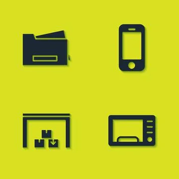 Set Printer, Microwave oven, Warehouse and Smartphone icon. Vector Stock Illustration