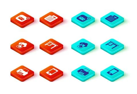 Set Printer, Mobile phone, Cloud database, Office desk, File document and E.. Stock Illustration