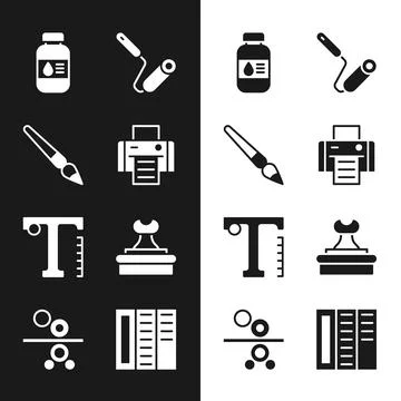 Set Printer, Paint brush, ink bottle, roller, Text, Stamp, Brochure and Paper of Stock Illustration