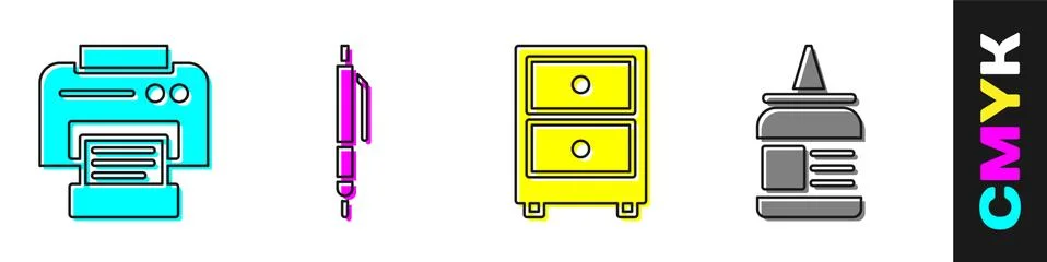 Set Printer, Pen, Drawer with documents and Glue icon. Vector Stock Illustration