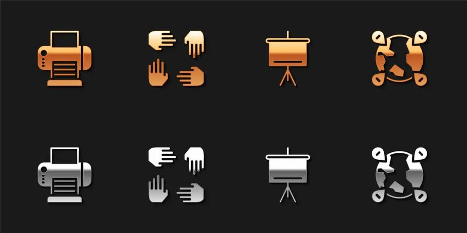 Set Printer, Project team base, Chalkboard and Location on the globe icon Illustrazione stock