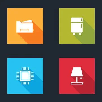 Set Printer, Refrigerator, Processor with microcircuits CPU and Table lamp icon Stock Illustration