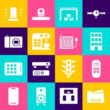 Set Printer, Remote control, House, Warehouse, Coffee machine, Photo camera.. Stock Illustration